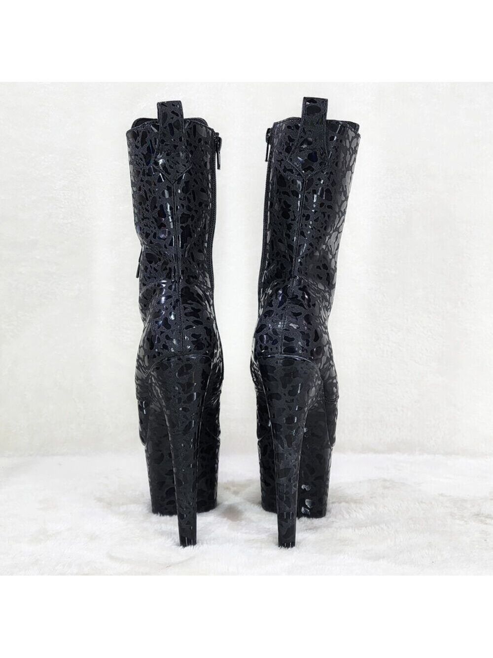 NIB Adore 1040 Black Leopard Hologram 7" High Heel Platform Mid Calf Ankle Boots - Picture 4 of 10